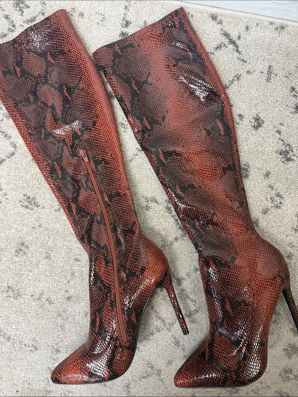 NWOT Fashion Nova Knee-High Snake-Print Boots in Brown